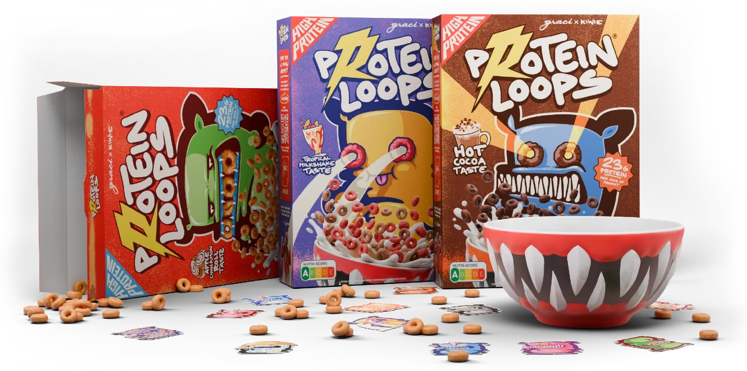 Protein Loops cereal boxes