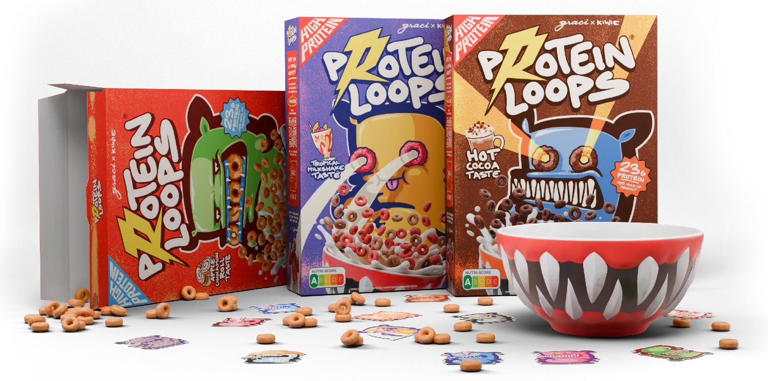 Protein Loops cereal boxes